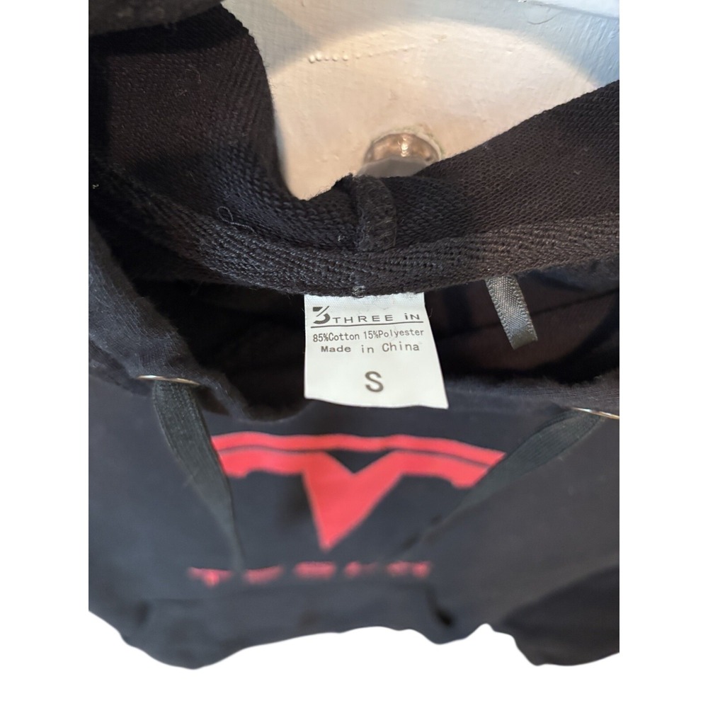 THREE IN Tesla Graphic Print Black Fleece Hoodie Pullover Hooded Pockets Size S - Picture 2 of 4